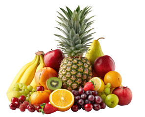 Colorful fruit arrangement.  A vibrant display of various fruits, including pineapple, apples, bananas, pears, kiwi, oranges, grapes, and cherries.  Fresh, healthy, and appetizing