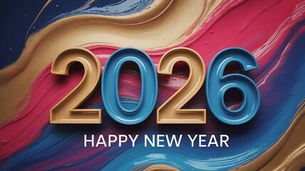 Happy New Year 2026 Colourful Abstract Paint Splash 3D Design on Golden Background