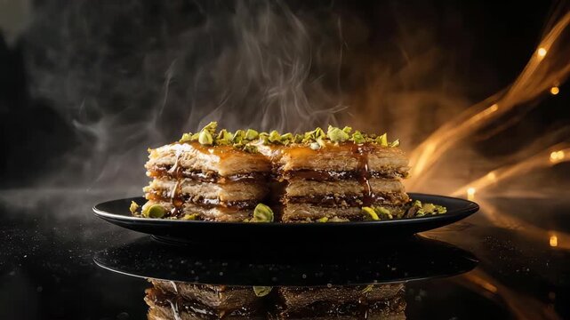 Delectable slices of baklava arranged artistically on a black plate with steam and decorative lightings