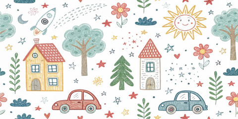 Adorable seamless kids pattern with pastel doodle style rainbow, clouds, flowers, trees, animals, and houses. Ideal for children’s , fabric, greeting cards, wrapping, and cute digital backgrounds.