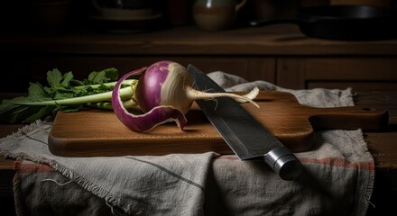 Obraz premium Freshly Prepared Root Vegetable with Kitchen Knife on a Rustic Wooden Surface