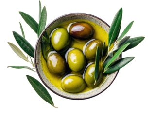 Top-down view of olives in a shallow bowl, glistening with oil, surrounded by olive leaves