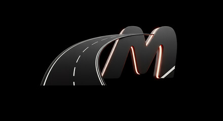 Abstract 3d rendering of a dark metallic letter m with a road texture and glowing orange light on a black background