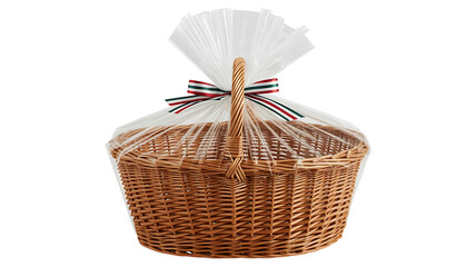 Wicker basket with transparent wrapping isolated on transparent background for gift
