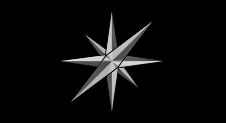 Abstract metallic compass rose with sharp points and intricate geometric design on a stark black background