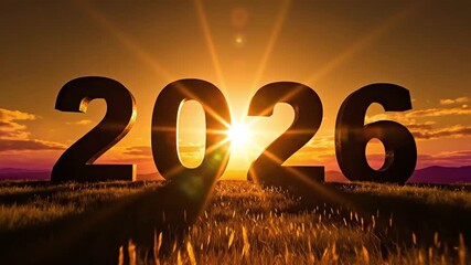 Golden hour shines on the year 2026 in a field of grass inspiring hope and new beginnings, a bright optimistic future awaits