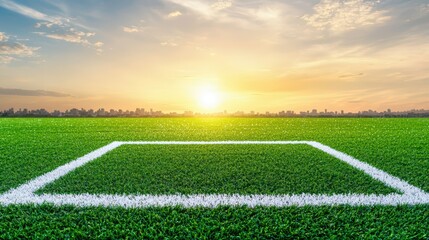 Obraz premium Lush Green Soccer Field in Twilight with Horizon and Vibrant Sunset Sky Over Urban Silhouette for Sports and Outdoor Themes