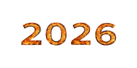 The number 2026 is displayed in fiery orange flames on a transparent background. The digits are bold and stylized, creating a striking visual effect.