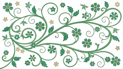 Floral design with green vines and flowers on a transparent background. Isolated elements suitable for various graphic applications.