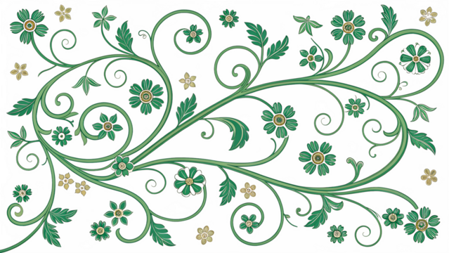 Floral design with green vines and flowers on a transparent background. Isolated elements suitable for various graphic applications.