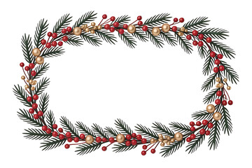 Christmas frame with pine branches, red berries and gold balls isolated on white isolated on transparent background