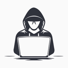 Faceless hooded silhouette using laptop communicates digital anonymity and internet security today effectively