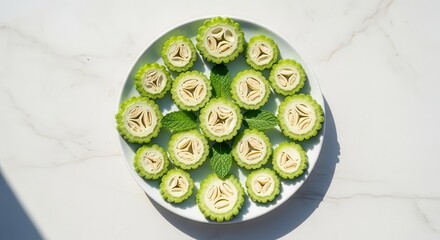 Freshly Sliced Bitter Melon Arrange on a Plate with Mint Leaves on a White Surface