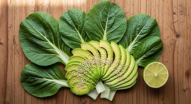 Freshly Sliced Avocado And Bok Choy Leaves Arranged On Wooden Surface