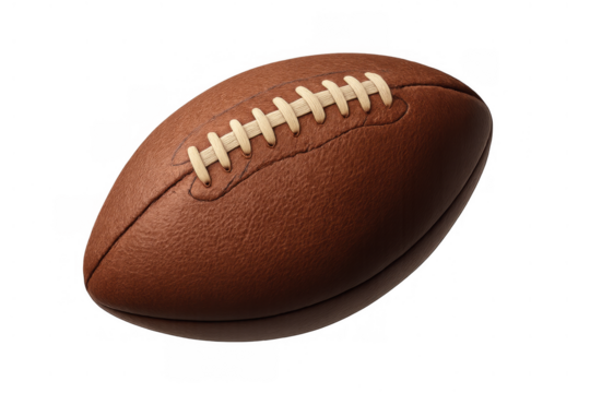 American football ball with brown pebbled leather texture and white stitching, isolated on a transparent background, ready for athletic themes