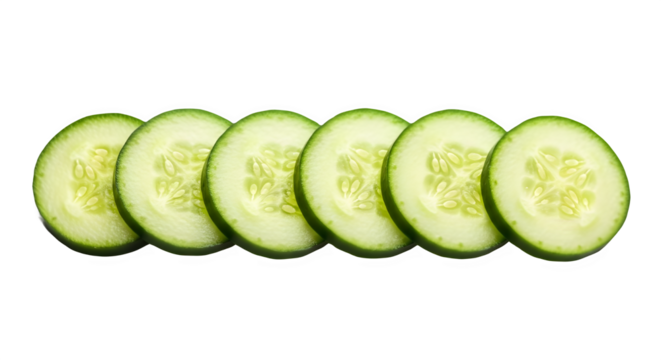 Six slices of fresh cucumber isolated on transparent background