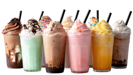 Variety of blended drinks in clear cups, topped with whipped cream and various toppings