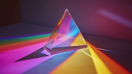 Diffraction optical colors laser interference patterns through transparent pyramid prism creating vibrant spectrum rainbow light refraction on gradient surface optical physics