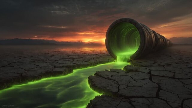 Toxic green chemical waste pouring from industrial pipe onto dry, cracked earth under dramatic sunset sky, symbolizing environmental pollution and ecological disaster.