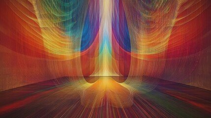 Diffraction grating spectra laser interference patterns rainbow light waves symmetrical projection colorful optical physics display room installation immersive visual