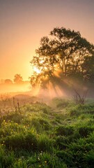 spring landscape, morning and the first sun lights at sunrise in fog