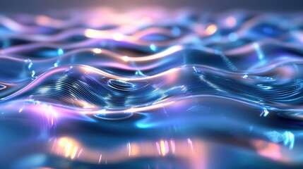 Holographic wave fields with laser interference patterns displaying iridescent blue pink tones creating mesmerizing diffraction effects and crystalline transparency