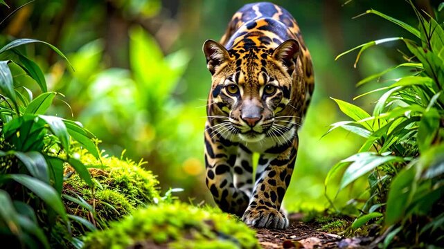 Clouded Leopard Stalking Through Lush Green Jungle Environment.