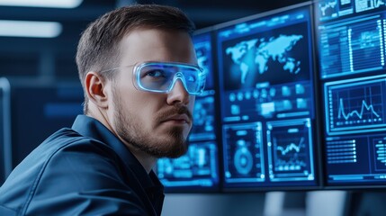Focused Male Analyst in Blue Glasses Working on Digital Data Analysis with Multiple Screens Displaying Graphs and Maps