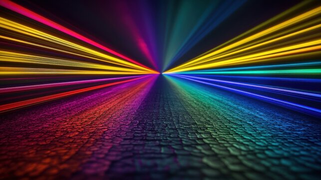Diffraction laser bands creating dynamic spectral light rays with intense rainbow colors radiating from central vanishing point across textured surface