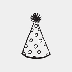 Hand drawn festive party hat with polka dot pattern and pom-pom top, perfect for birthday or celebration themes. Happy birthday accessory, invitation, greeting card design