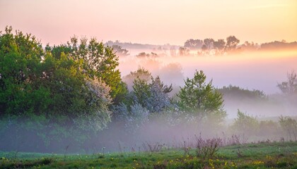 spring landscape, morning and the first sun lights at sunrise in fog