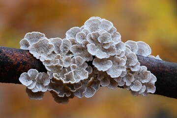 Close up of group of mushrooms Plicaturopsis crispa (crimped gill or crispling) on branch in forest © Iwona