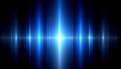 Abstract blue light streaks and flares emanating from a central point on a black background