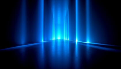Abstract futuristic empty stage with blue neon light rays and reflections on a shiny floor