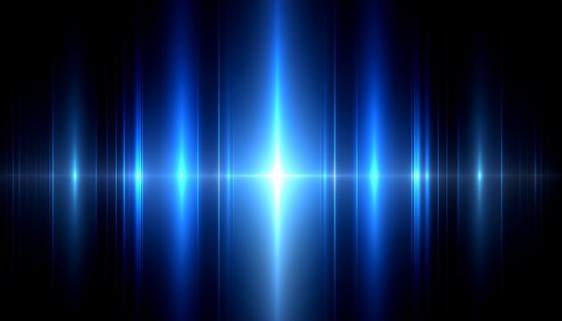 Abstract blue light streaks and flares emanating from a central point on a black background