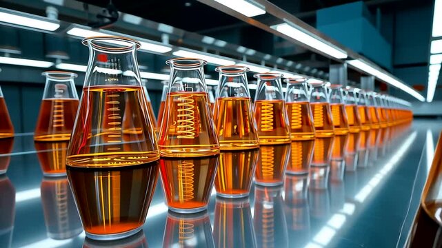 Row of laboratory glass flasks filled with orange chemical solution on a reflective surface under bright industrial laboratory lighting