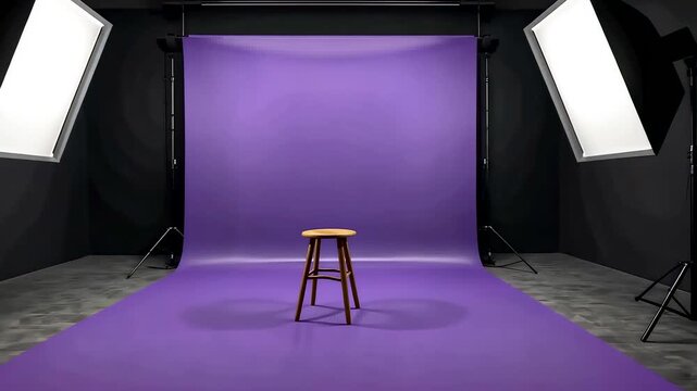 Empty professional photo studio with purple seamless backdrop, wooden stool, and softbox lighting setup prepared for creative portrait photography session