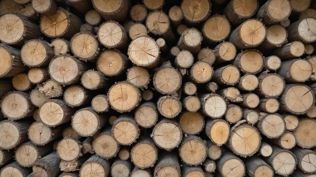 A pile of neatly arranged logs at a lumberyard displays natural texture and color. 4k video