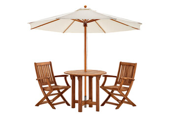 Outdoor patio furniture set with a round table and two chairs under a white umbrella
