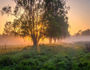 Fototapeta premium spring landscape, morning and the first sun lights at sunrise in fog