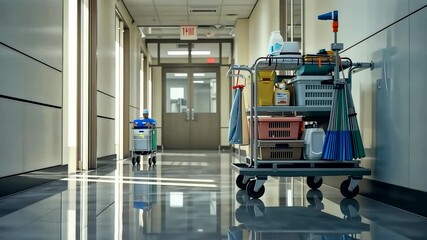 Cleaning cart in empty hospital corridor with reflective polished floor under fluorescent lights showing professional hygiene maintenance setup