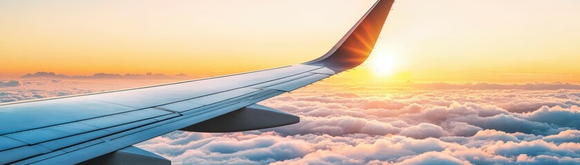 Obraz premium Serene Sunset View from Airplane Wing Above White Clouds with Glowing Orange and Yellow Horizon in Stunning Sky Scene