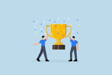 Win win situation, businessman connect trophy jigsaw piece to win together.