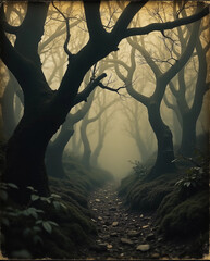 Mysterious dark forest path with twisted trees in foggy atmosphere, fantasy landscape