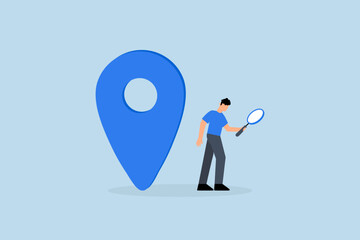 Location search for business address, curious businessman search with magnifying glass with map location pin.
