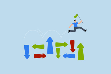 Overcome uncertainty, entrepreneur leaping towards unpredictability with arrows pointing in various directions.