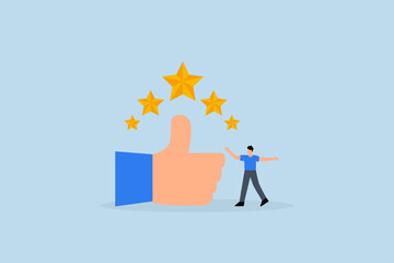 Best star rating, young entrepreneur giving thumbs up and receiving 5 star rating.