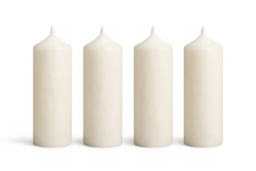 White wax pillar candles, new and unlit, aligned horizontally. Use for decoration, celebration, or as a symbol of light