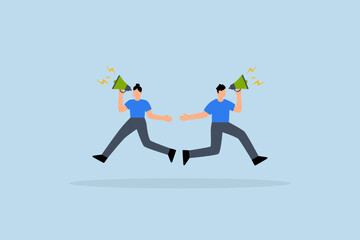 Communicate message, businessman and woman shouting on megaphone.