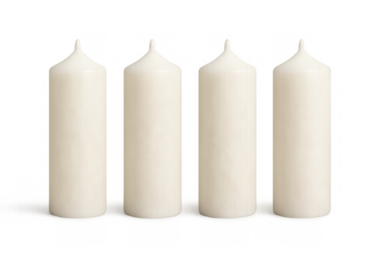 White wax pillar candles, new and unlit, aligned horizontally. Use for decoration, celebration, or as a symbol of light